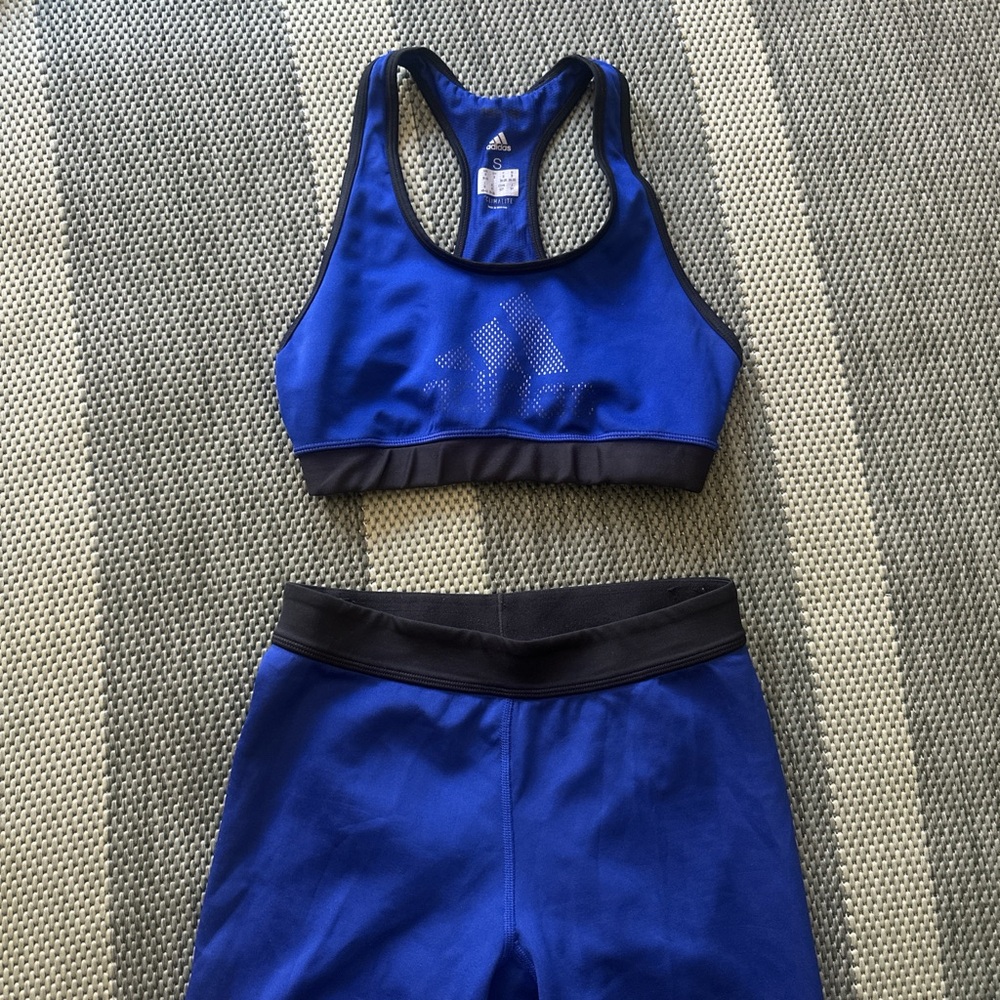 adidas Blue Racerback Sports Bra and Leggings Set with Black Trim